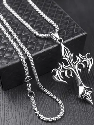 Street Trend Flame & Cross Pendant Matching Necklace, Retro Trendy Chain Mexican Necklaces, Punk Goth Accessories for Men & W...