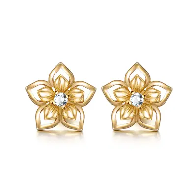 14K Gold Circular Shaped Cubic Zirconia Peach Blossom Stud Earrings