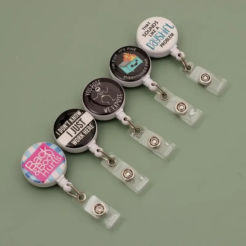 Personality Pattern Badge Holder, 5 Counts Retractable Badge Reels, Rotatable Id Buckle for Office School Hospital, Office Gi...