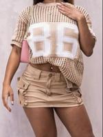 Women's Number Print Crewneck Hollow Out Sweater, Casual Fitted Fashion Round Neck Shortsleeve Knit Top for Summer, Fashion W...