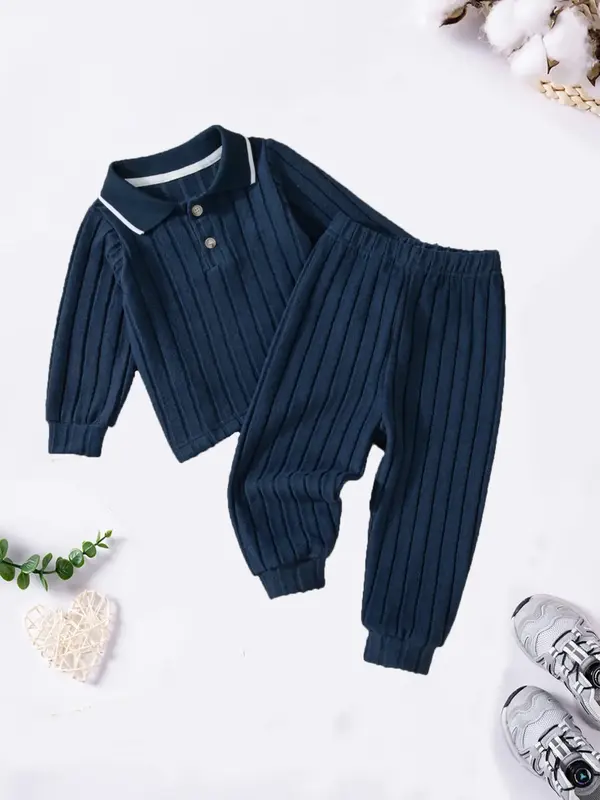 2-piece Boys' Long-sleeved Polo Shirt Set Autumn/winter Fashion Solid-color Pullover and Trousers Casual Baby Boy Knitted Top...