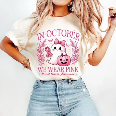 In October We Wear Pink Shirt, Retro Breast Cancer Awareness T-Shirt, Halloween Pink Ghost Sweatshirt, Breast Cancer Hallowee...