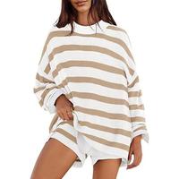 MEROKEETY Women's 2 Piece Sweater Lounge Sets Striped Long Sleeve Shorts Oversized Matching Outfits
