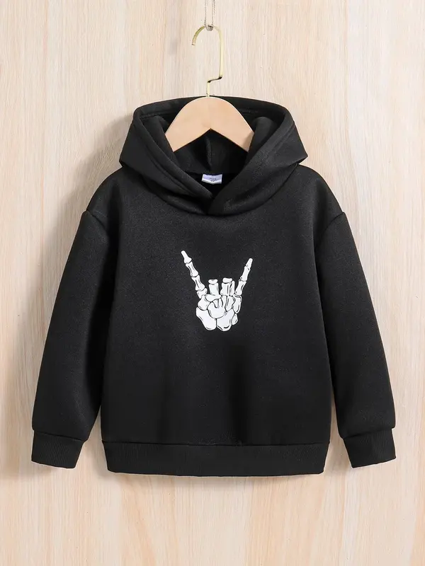 Girl's Skeleton Gesture Print Drop Shoulder Hoodie, Fashion Casual Long Sleeve Hooded Sweatshirt for Daily Holiday Outdoor We...