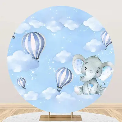 Blue Balloon Elephant Sky Round Baby Shower Backdrop - Aperturee