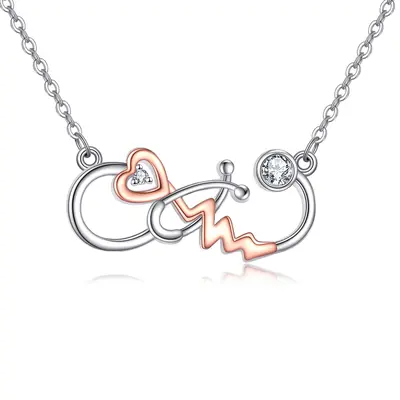Sterling Silver Two-tone Cubic Zirconia Heart & Stethoscope Pendant Necklace