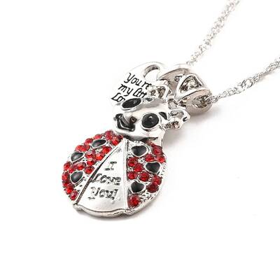 Colorful Rhinestone Ladybird and Heart Pendant Necklace