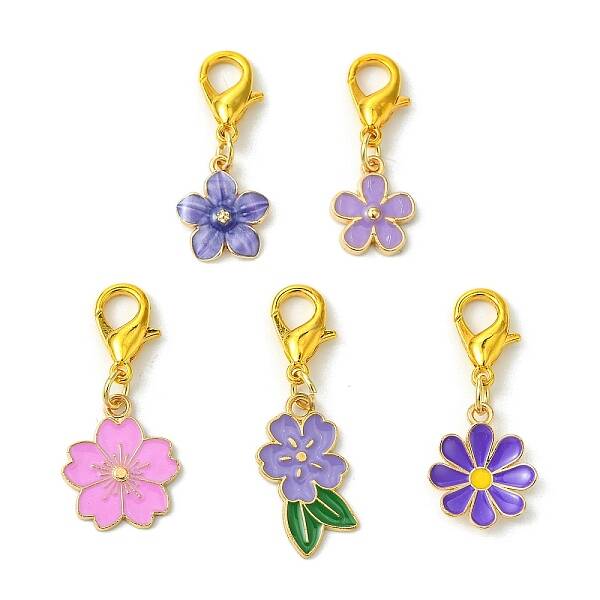 10Pcs 5 Styles Flower Alloy Enamel Pendant Decorations