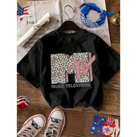 Fashion Short Sleeve with Capital M Leopard Print Letter Print, Casual Short Sleeve Round Neck T-shirt, Women's Clothing