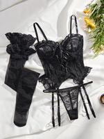 Women's Adjustable Strap Backless Lace Lingerie Set, Tie Front Cami Top & Sheer Thong & Ruffle Stockings Set, Lingerie for Wo...