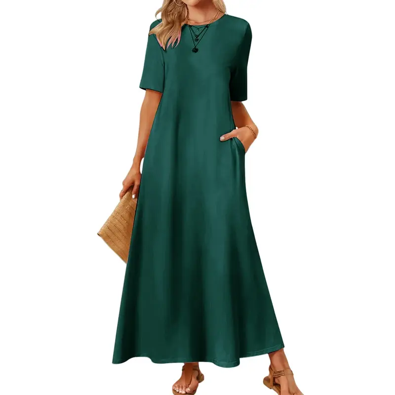 Women's 2025 Spring Summer Casual Maxi Dress Beach Vacation Short Sleeve Crewneck Basic Long T Shirt Dresses