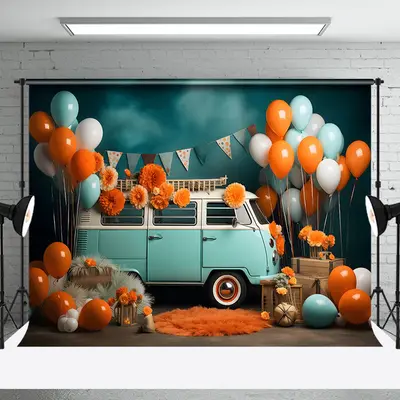 Green White Car Balloons Floral Cake Smash Backdrop