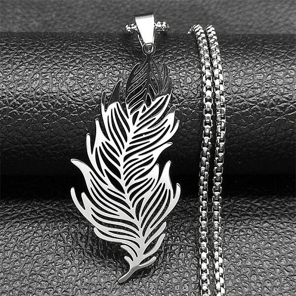 304 Stainless Steel Feather Pendant Necklaces