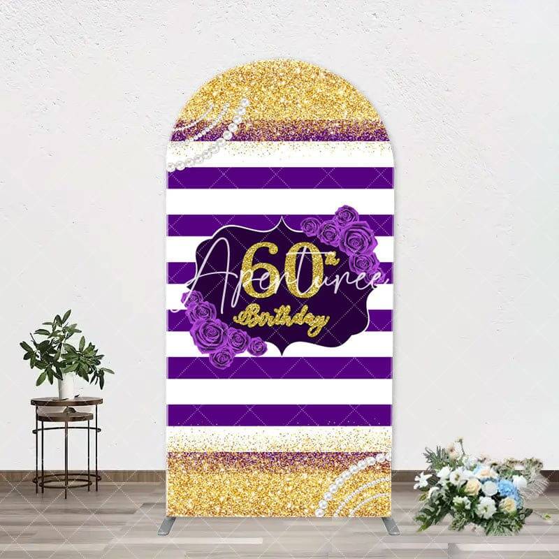 Gold Glitter Purple Stripe Arch 60th Birthday Backdrop