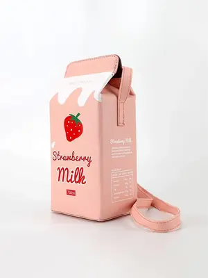 Women's Cute Mini Milk Box Bag, Cute Strawberry & Letters Pattern Milk Box Crossbody Bag, Novelty Trendy Bag for Women & Girl...