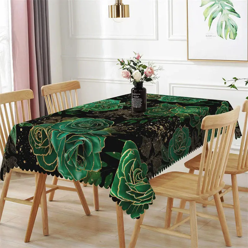 Gilt Green Big Flower Black Rectangle Tablecloth - Aperturee