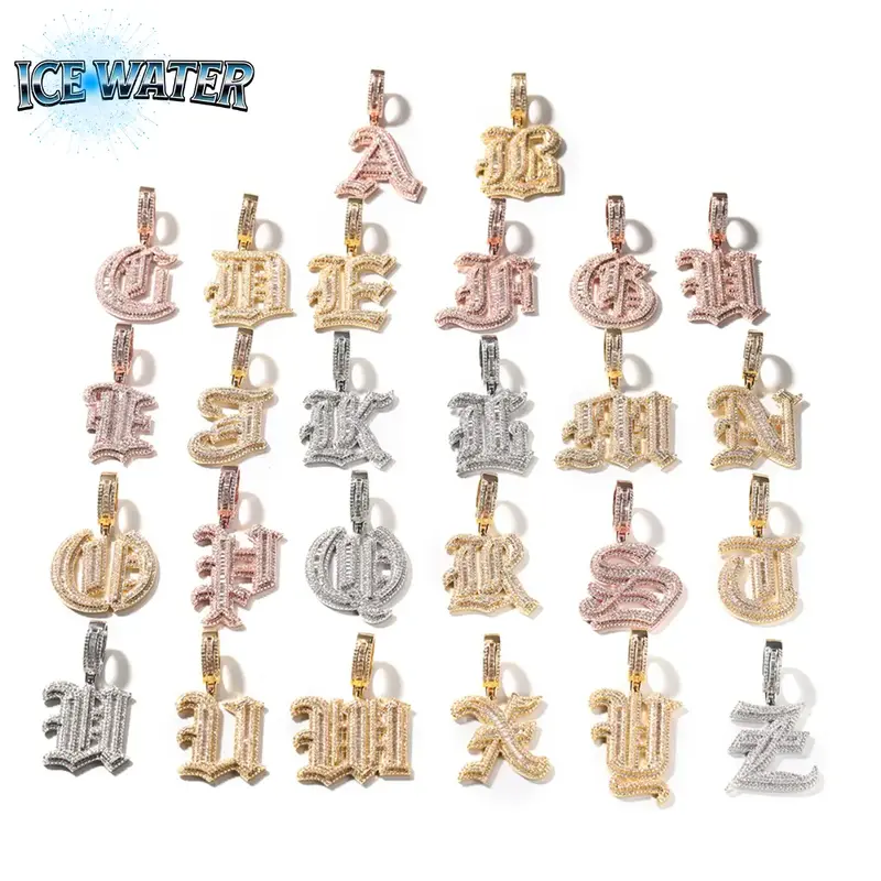 ICE WATER Gothic Letter Alphabet 26 English Letters Pendant Micro-set Zircon Unisex Hip-hop Necklace