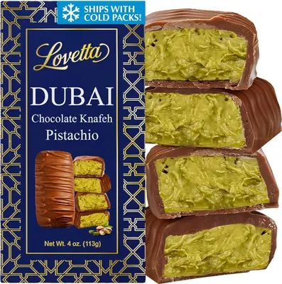 Lovetta Dubai Chocolate Pistachio Knafeh 4oz Dessert Snack Rich Belgian Milk Chocolate with Fresh Pistachio Paste Cream