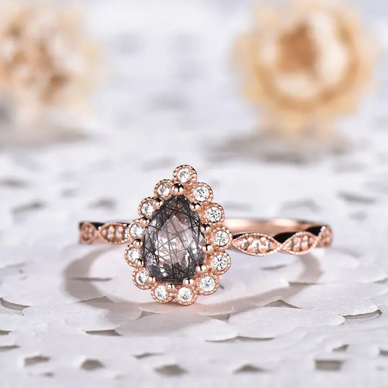 14K/18K  Classic Black Rutilated Quartz Diamond Halo Engagement Rings