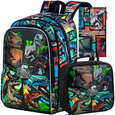 3PCS Dinosaur Backpack for Boys, 16 Inch Water Resistant Preschool Bookbags, Cool Elementary Kindergarten School Backpacks an...