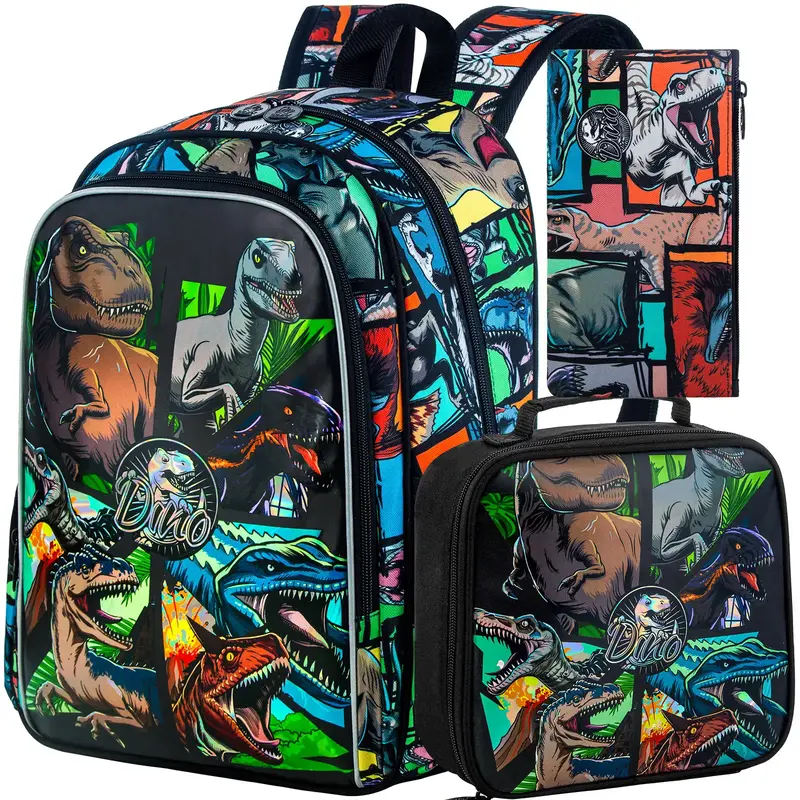 3PCS Dinosaur Backpack for Boys, 16 Inch Water Resistant Preschool Bookbags, Cool Elementary Kindergarten School Backpacks an...
