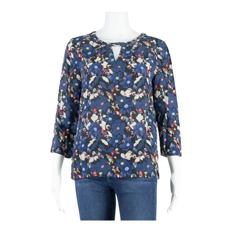 COMPTOIR DES COTONNIERS Womens Blouse Blue Long Sleeve Silk Crazy Pattern S