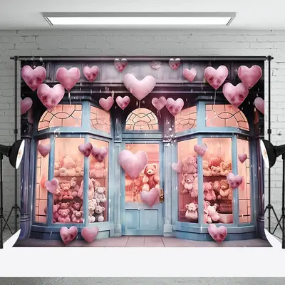 Aperturee Pink Hearts Teddy Bear Store Valentines Day Backdrop, 3X2FT(1MX0.6M), 14 USD, valentines day backdrops, NYHD1I83-M