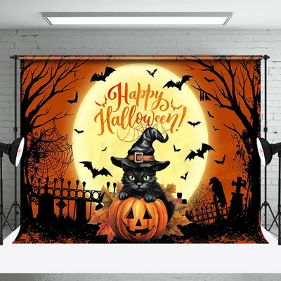 Scary Moon Night Black Cat Happy Halloween Backdrop