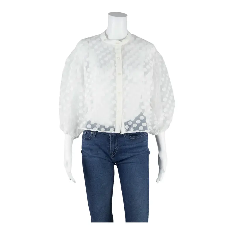 ZARA Y2K Puff Sleeve Button-Up White Crew Neck Spotted Long Sleeve Womens S