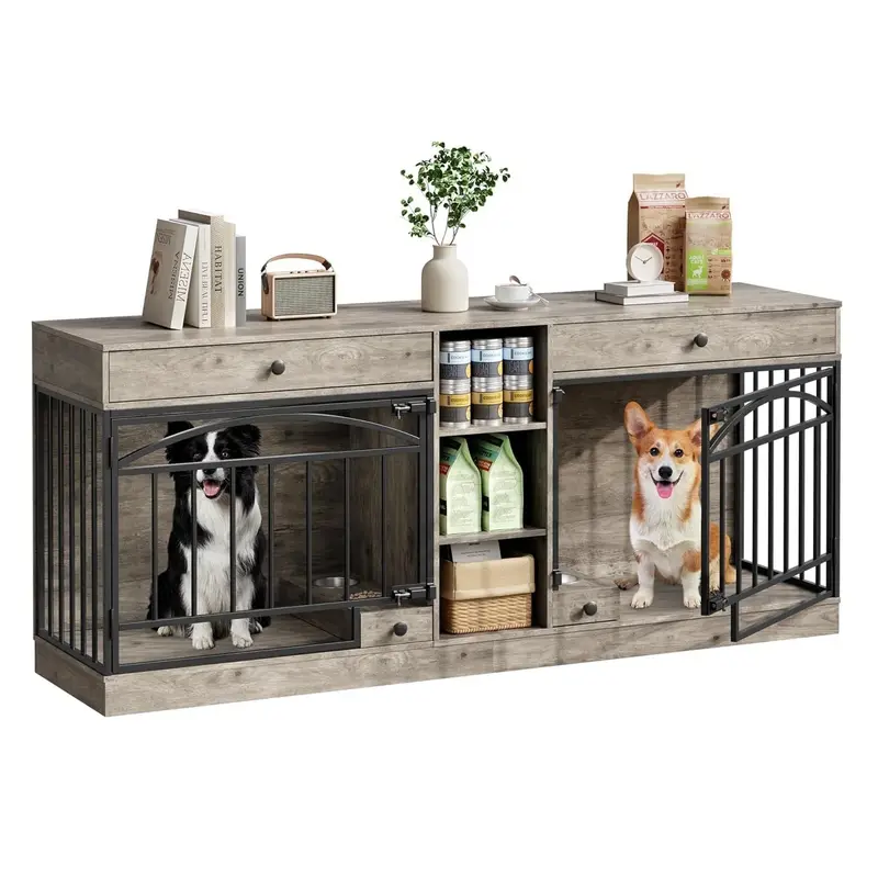 Garvee Dog Crate Furniture for 2 Dogs, 78.7 Large Dog Kennel Indoor with 2 Storage Drawers, 3 Shelves and Feeding Bowls, Dou...