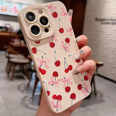 Cherry Pattern Phone Case, Cute Bow Decor Phone Protective Cover, Phone Accessory Compatible with iPhone 15 14 13 12 11 X