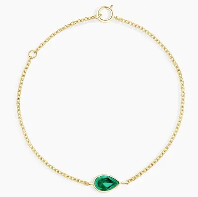 10K Gold 8 x 5 mm Pear Cut Emerald Bezel Set Cable Chain Bracelet