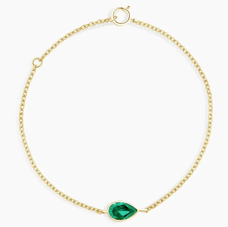 10K Gold 8 x 5 mm Pear Cut Emerald Bezel Set Cable Chain Bracelet