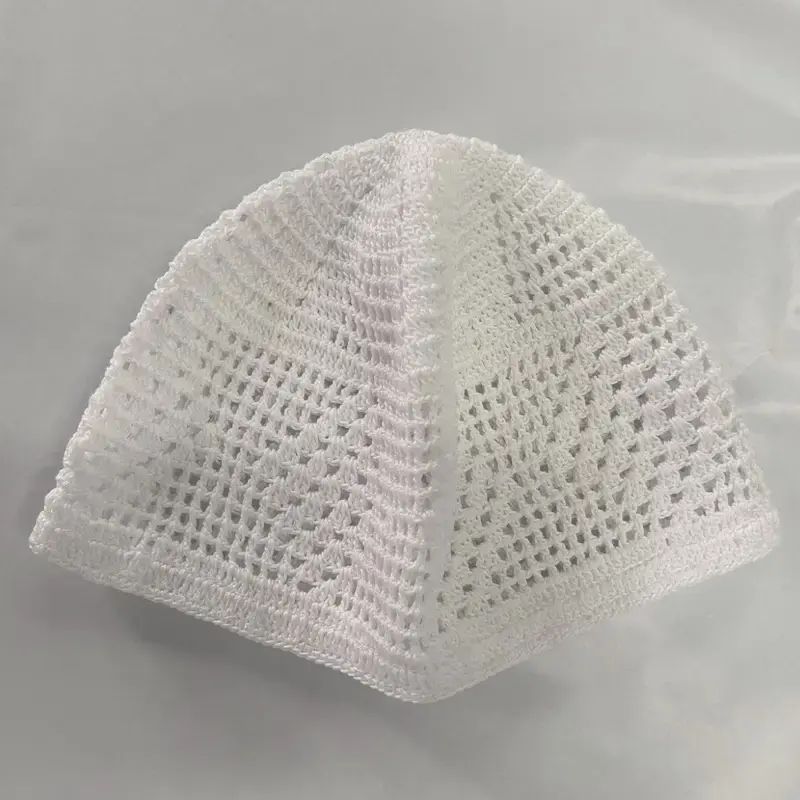 MuslimNova Islamic Mens Saudi Topi Hat Skull Cap Prayer Hats Turkish Kufi Head Wear White Crochet Design