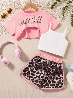 Girl's Letter Print Crop Tee & Solid Cami Top & Leopard Print Shorts Set, Casual Fashion Cozy Three Piece Set for Daily Outdo...
