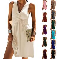 Fisace Women's V Neck Front Knotted Sleeveless Tank Dress Summer Solid Casual A Line Dres