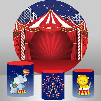 Aperturee Red Curtain Animal Elephant Tiger Round Birthday Backdrop | Round Backdrop Cover Diy | Round Party Backdrop | Birth...