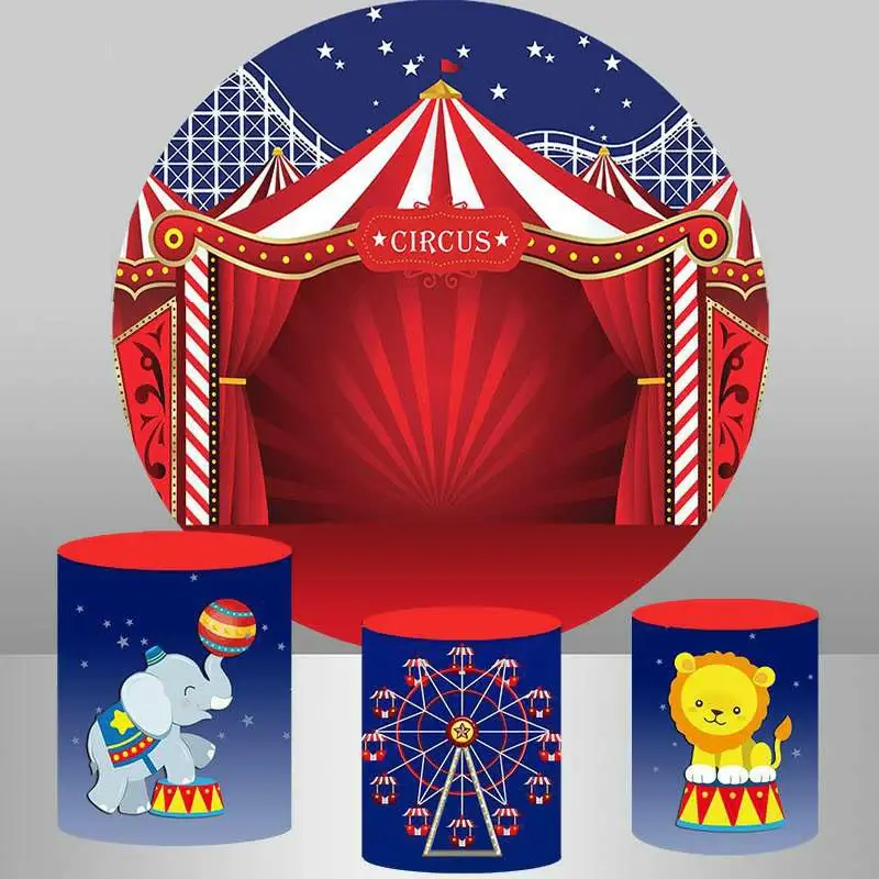 Aperturee Red Curtain Animal Elephant Tiger Round Birthday Backdrop | Round Backdrop Cover Diy | Round Party Backdrop | Birth...