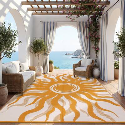 Garvee Outdoor Rug 8x10 Waterproof Boho Sun Pattern Reversible Plastic Straw UV-Resistant Lightweight Patio Mat for Deck Picn...