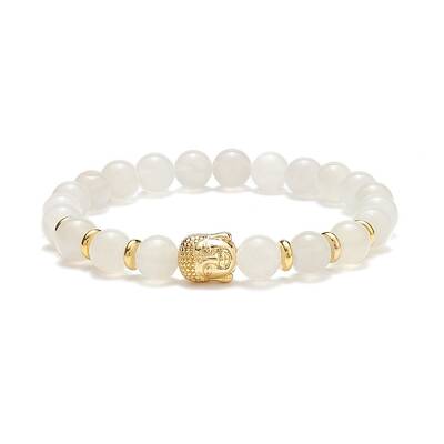 Natural White Moonstone & Alloy Buddha Head Beaded Stretch Bracelet