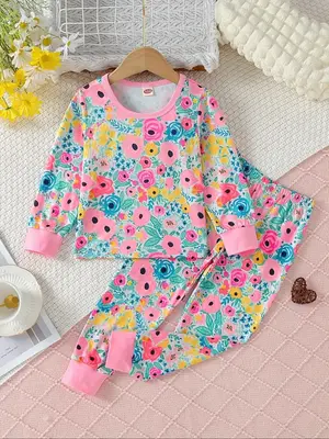 Two-piece Set Girl's Floral Print Long Sleeve Tee & Pants Set, Casual Round Neck Top & Trousers for Spring & Fall, Kids Cloth...