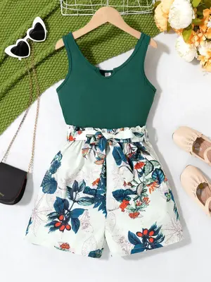 Two-Piece Set Teen Girl's Plants Print Belted Two-Piece Set, Casual Notched Neck Tank Top & High Waist Shorts, Summer Outfits...