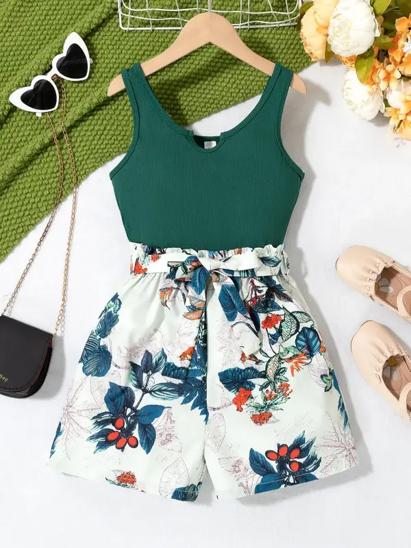 Two-Piece Set Teen Girl's Plants Print Belted Two-Piece Set, Casual Notched Neck Tank Top & High Waist Shorts, Summer Outfits...