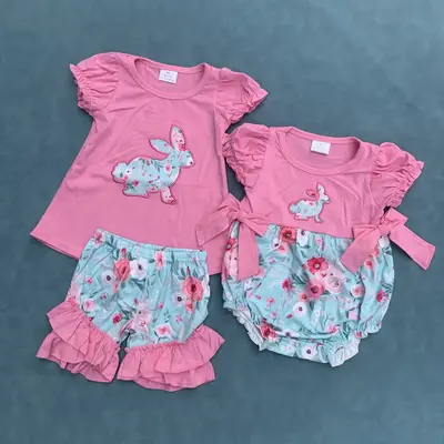 Embroidery floral bunny kids girls Easter outfit