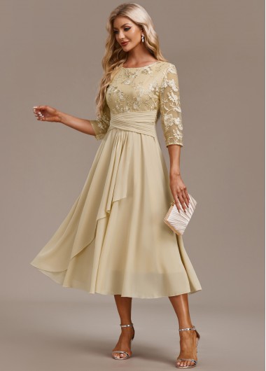 Modlily Champagne Embroidery Cocktail Dress 3/4 Sleeve Round Neck Dress Wedding Guest Dress - XXL