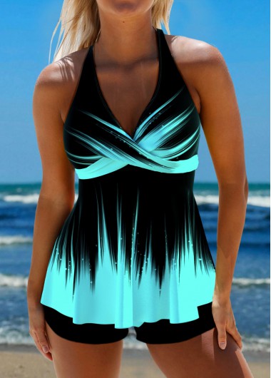 Modlily Surplice Ombre Cyan Tie Back Tankini Top - M