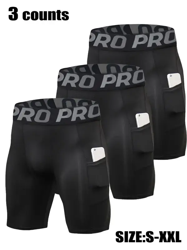 Men's Letter Tape Seamless Pocket Compression Shorts, Breathable Skin Friendly Tight Fitting Panties for All Seasons, Quick-d...