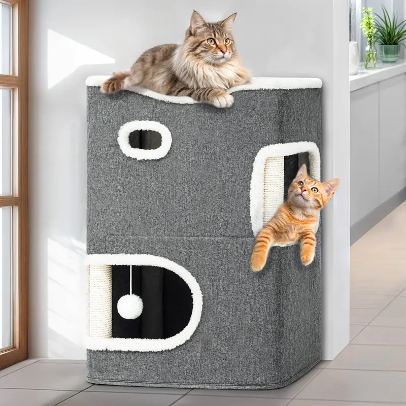 YITAHOME 2 Storey Cat House, Cat Beds for Indoor Cats, Small Condo with Scratch Post and Hideaway Cave, Modern Cat Cube Playh...