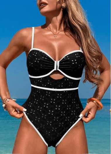 Modlily Contrast Binding Cut Out Black One Piece Swimwear - L