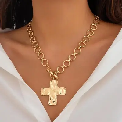 Tewiky Gold Chunky Cross Necklace for Women Statement Cross Pendant Necklace Layered Hammered Bold Cross Necklace Vintage Tog...